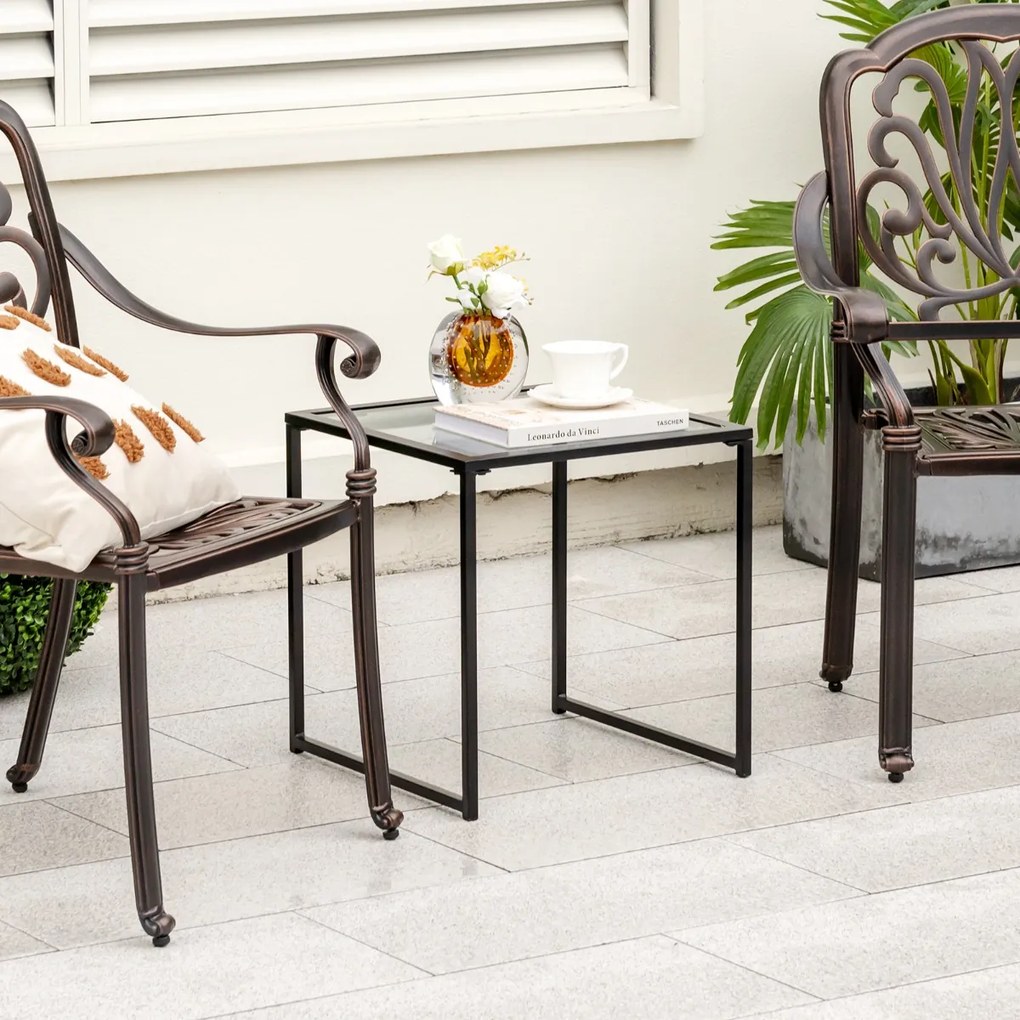 Mesa de apoio quadrada Jardim ou sala com estrutura metálica de vidro temperado para sala de estar Terraço Jardim 43 x 43 x 45 cm Preto