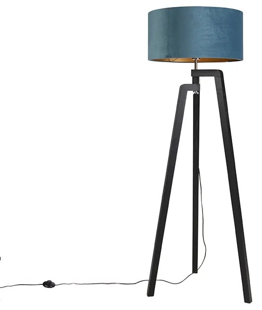 Candeeiro de pé tripé preto com cúpula azul e dourado 50 cm - Puros Country / Rústico