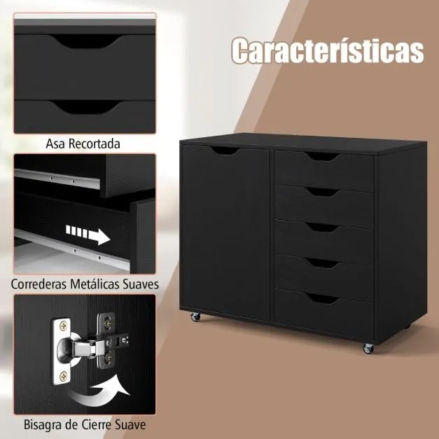 Arquivo escritório 78 x 40 x 65 cm com 5 gavetas com 4 rodas giratórias Preto