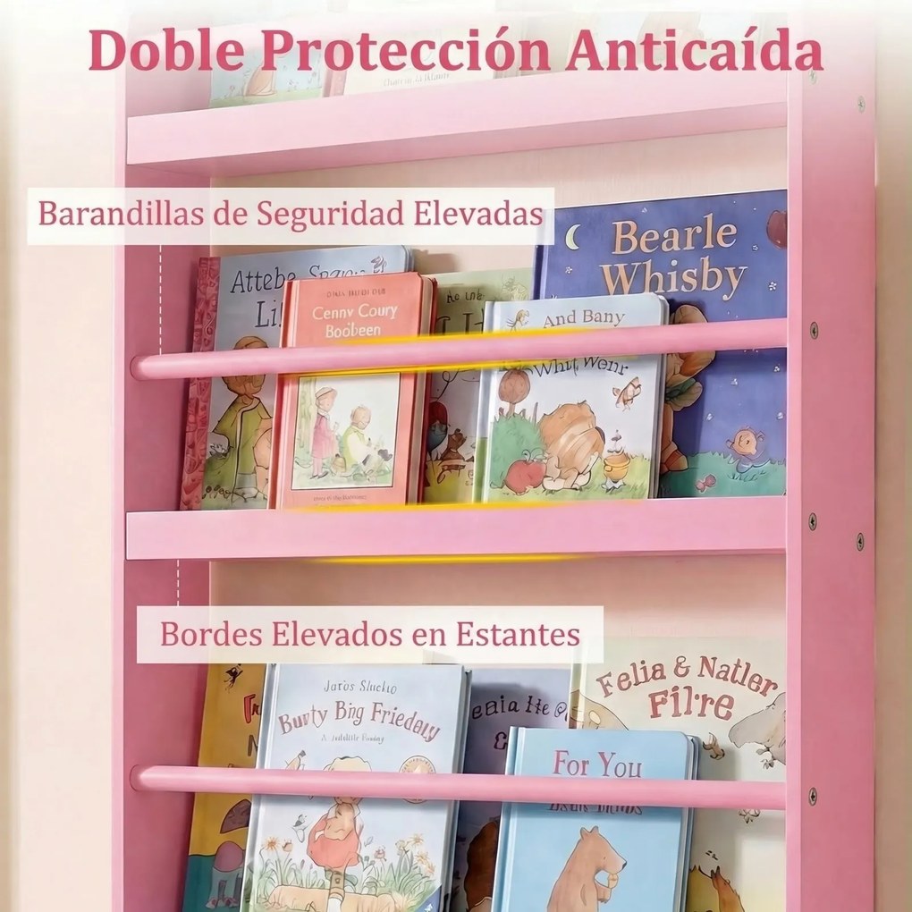 Estante infantil de parede com 4 níveis 56 x 12 x 107 cm, prateleiras abertas, barras de segurança e bordas elevadas para quarto infantil ou sala de a