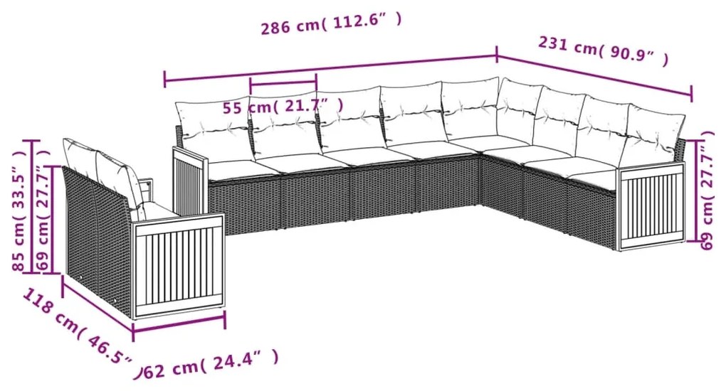 10 pcs conjunto sofás de jardim c/ almofadões vime PE preto