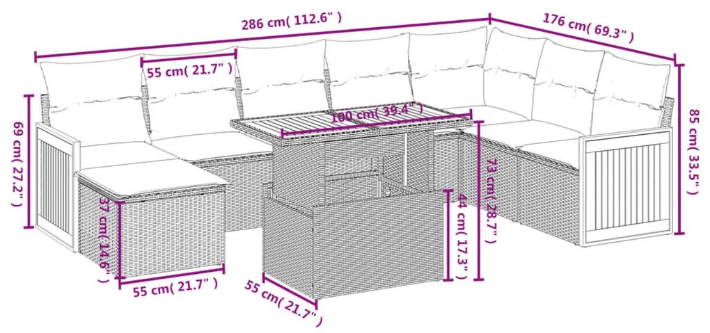 9 pcs conjunto sofás p/ jardim com almofadões vime PE cinzento