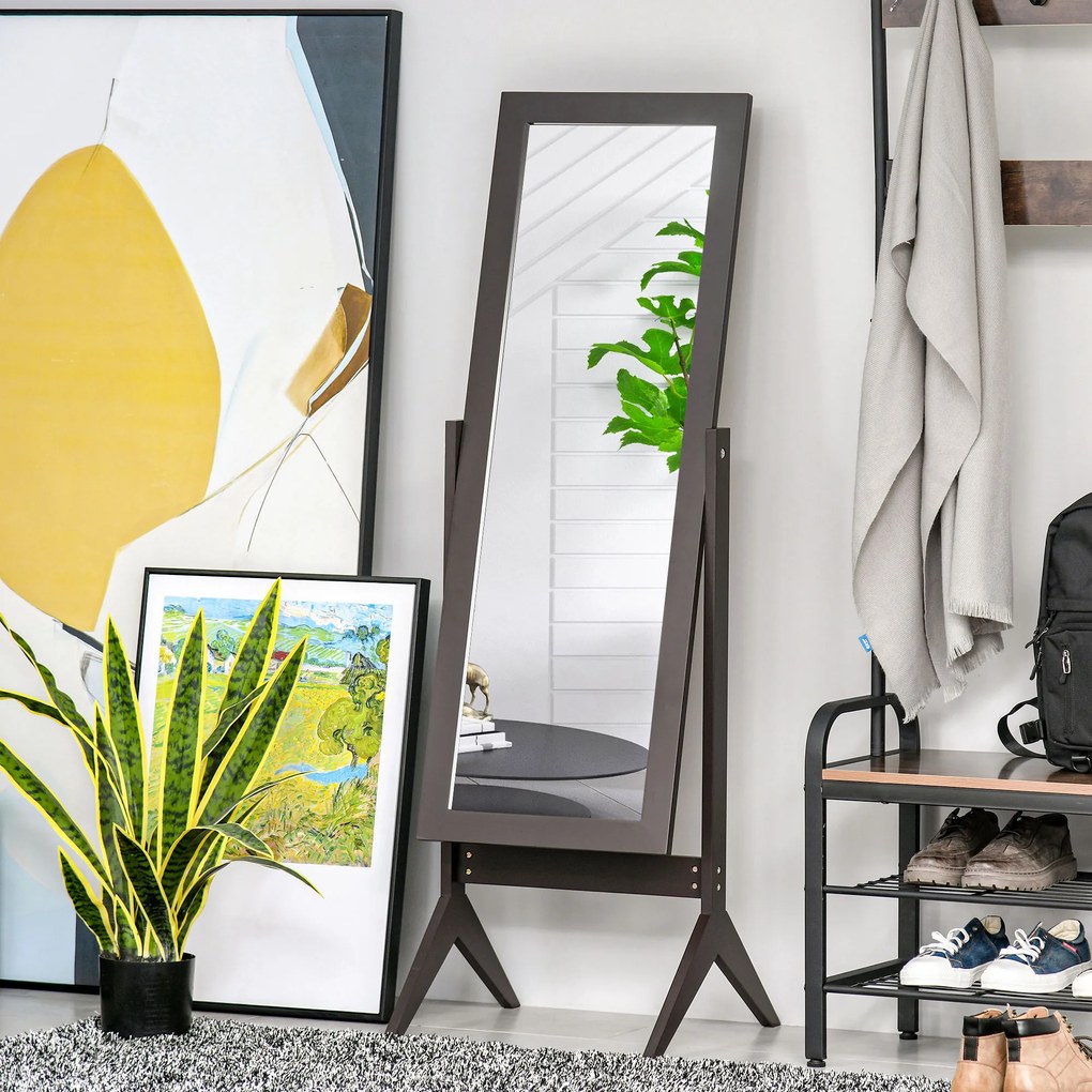 Espelho de pé grande 47 x 46  x 148  cm com inclinação ajustável para roupeiro ou quarto, cor café