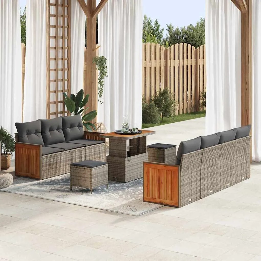 vidaXL Conjunto de Sofá de Jardim com 10 Peças e Almofadas Cinzas em Rattan e Acácia