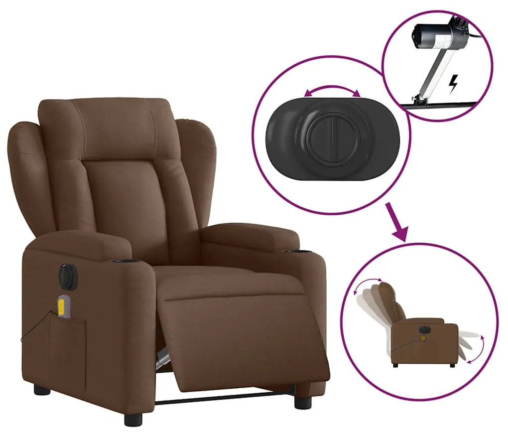 Poltrona de massagens reclinável elétrica tecido castanho