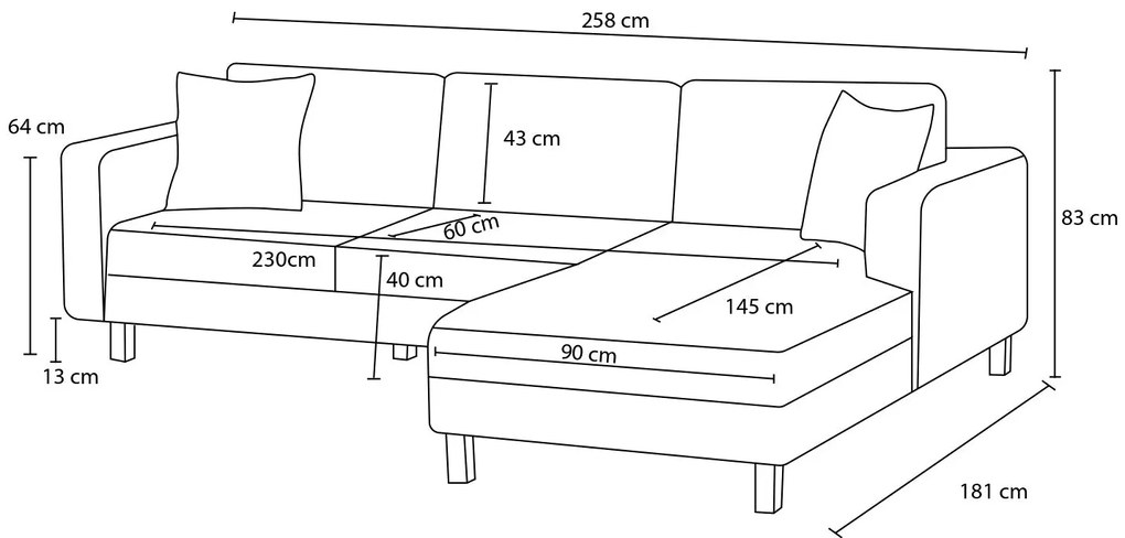 Sofá de Canto Kale – Cinzento – 258x83x181 cm