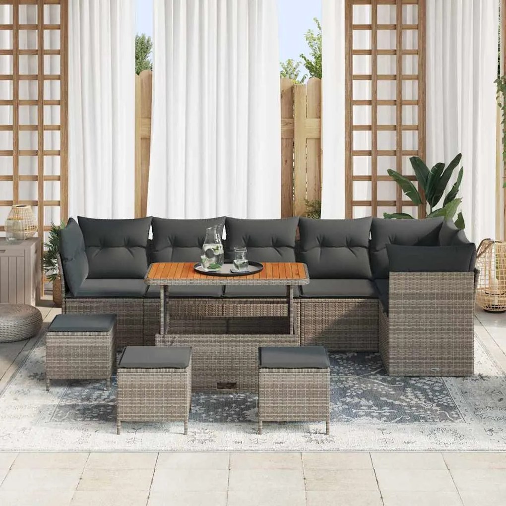 Conjunto de Sofá de Jardim de 10 Peças com Almofadas Cinza Rattan Poli
