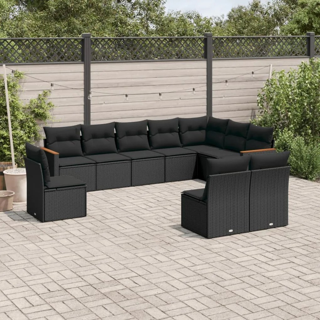 10 pcs conjunto sofás de jardim c/ almofadões vime PE preto