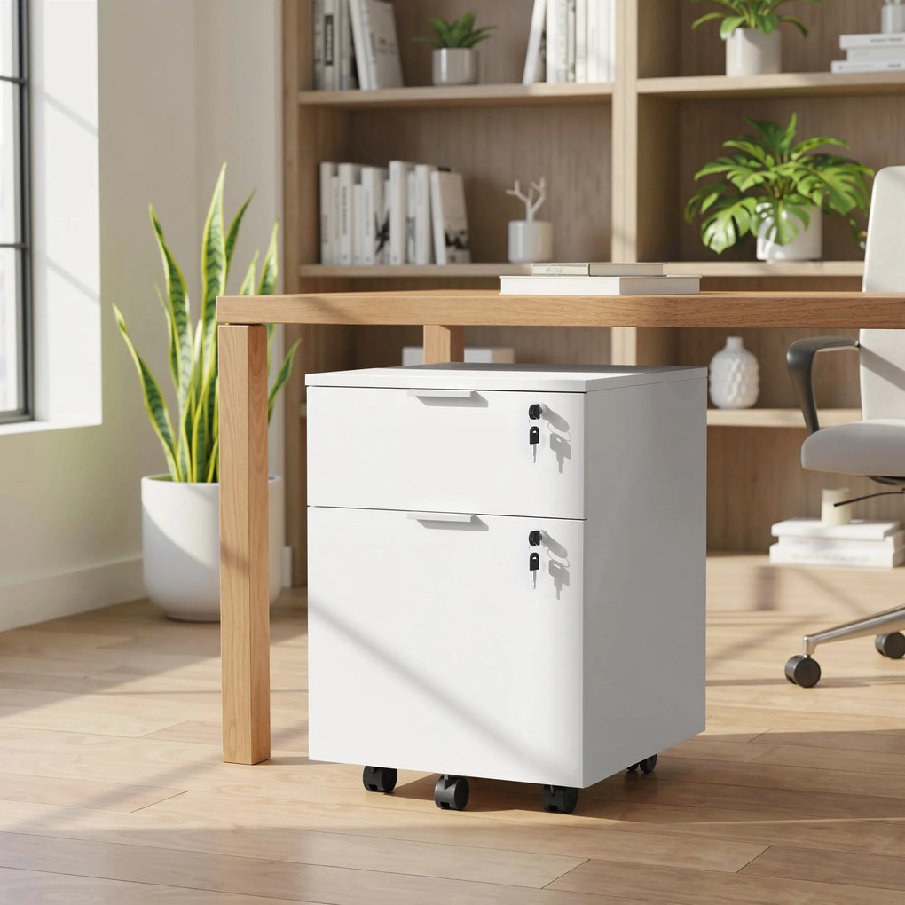 Bloco gavetas escritório 42 x 40 x 60 cm móvel de arrumação com 2 gavetas e 2 barras para pastas suspensas, com fechadura e 2 chaves, branco
