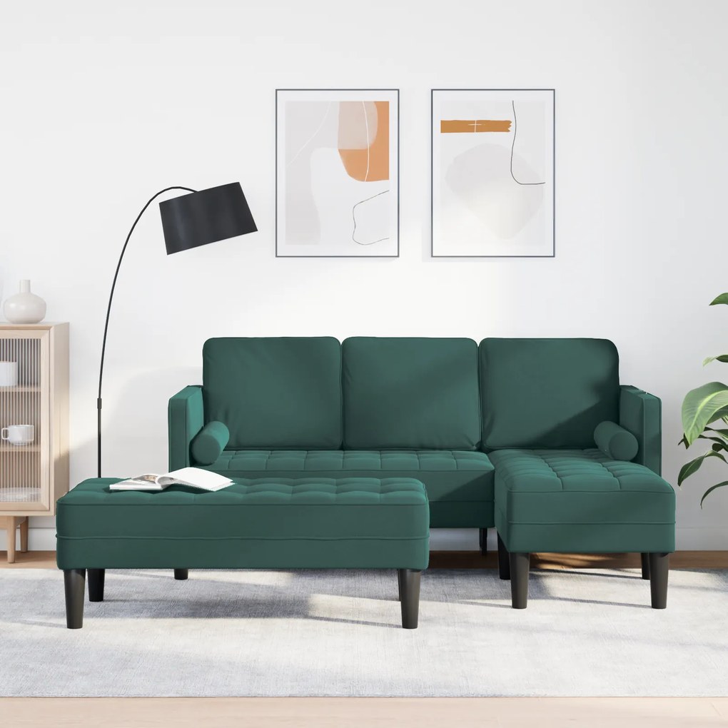 Sofá de Jardim vidaXL com Banco e Almofadas em Veludo Verde Escuro em L
