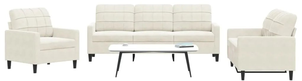3 pcs conjunto de sofás com almofadões veludo cor creme