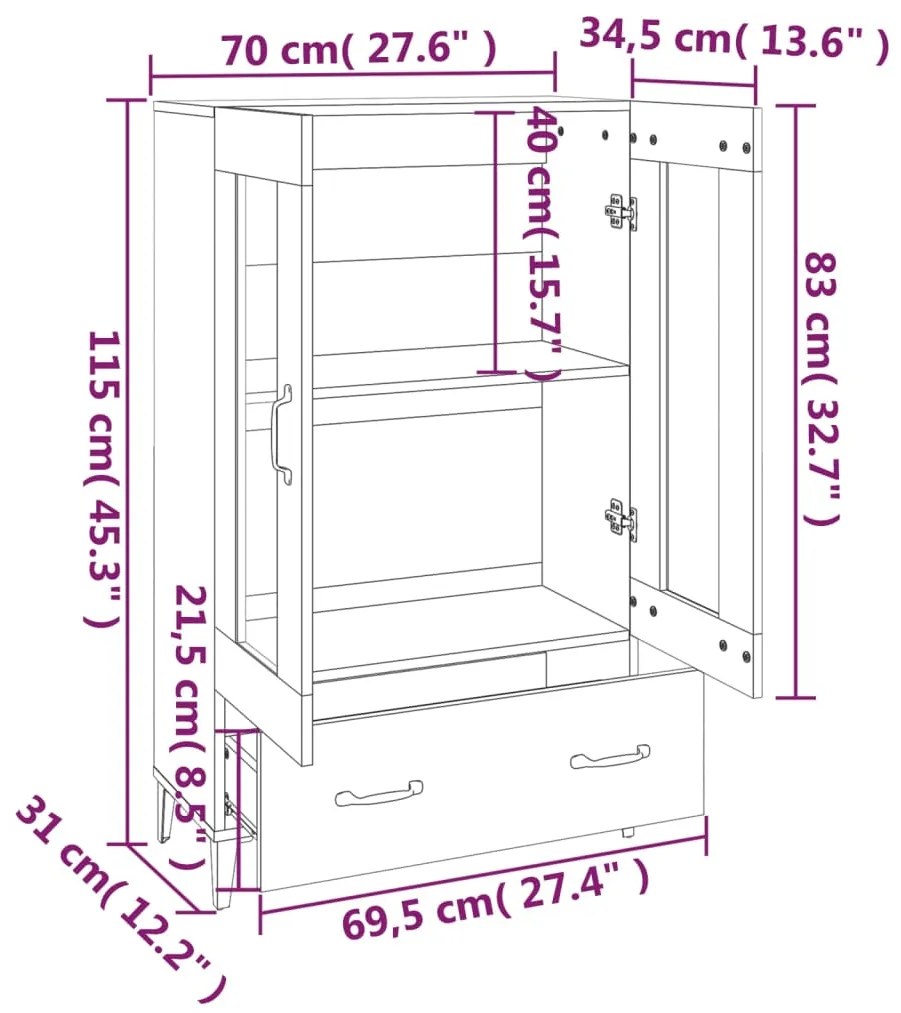 Armário alto 70x31x115 cm derivados de madeira preto