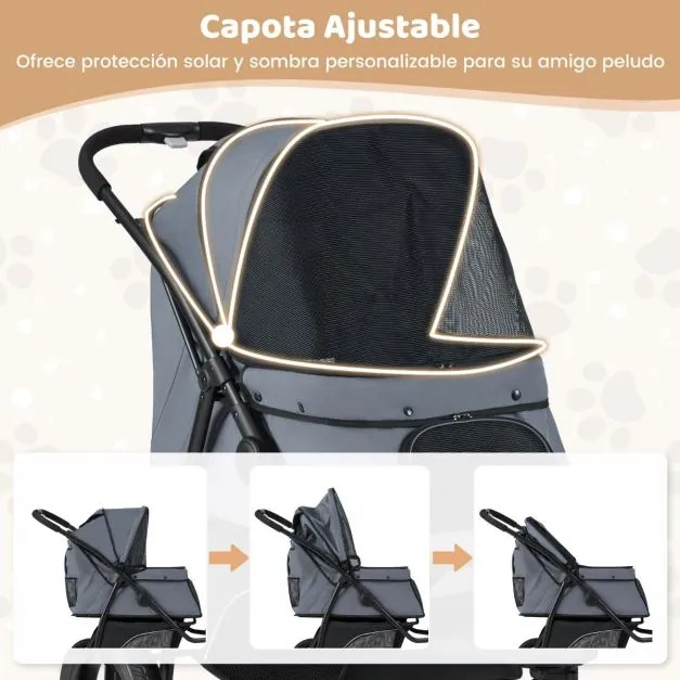 Carrinho de 3 rodas para cães pequenos e médios dobrável para animais de estimação com rodas todo-o-terreno Travão Capota ajustável Cinza