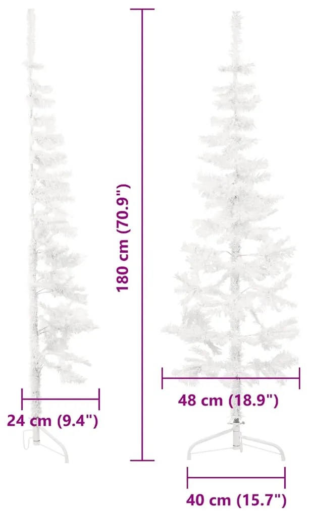 Meia árvore de Natal fina com suporte 180 cm branco