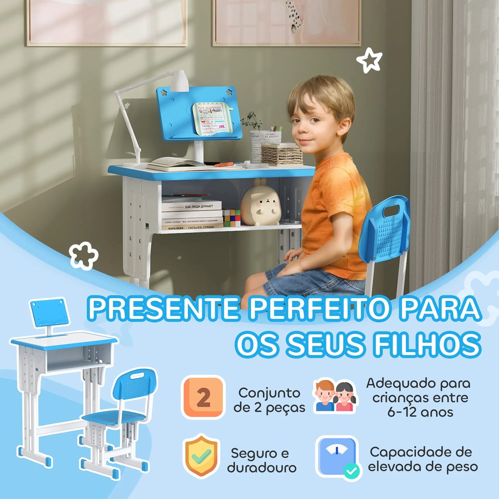 Conjunto de Secretária e Cadeira para Crianças com Altura Ajustável 1 Gaveta e 1 Prateleira para Livros 60x45x90-120 cm Azul