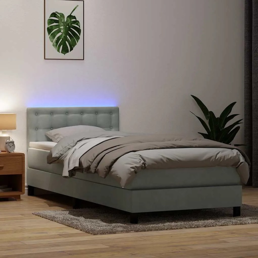 vidaXL Cama box spring c/ colchão e LED 100x220 cm veludo cinza-claro