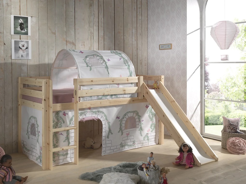 Conjunto Cama alta de Criança PINO 90 x 200 cm + estrado + escada + escorrega + cortina + túnel Pássaros Natural