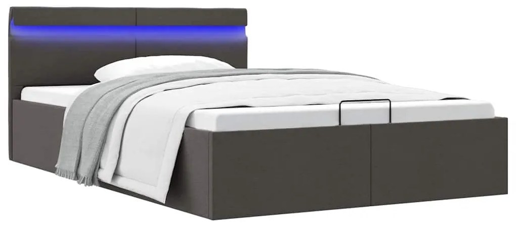 Cama hidráulica c/ arrumação LED 140x200cm tecido cinza-escuro