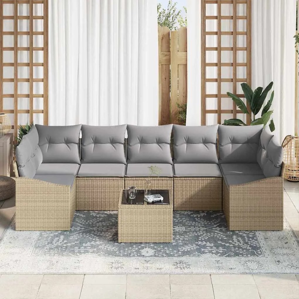 Conjunto de sofá de jardim com 8 peças e almofadas bege em rattan sint