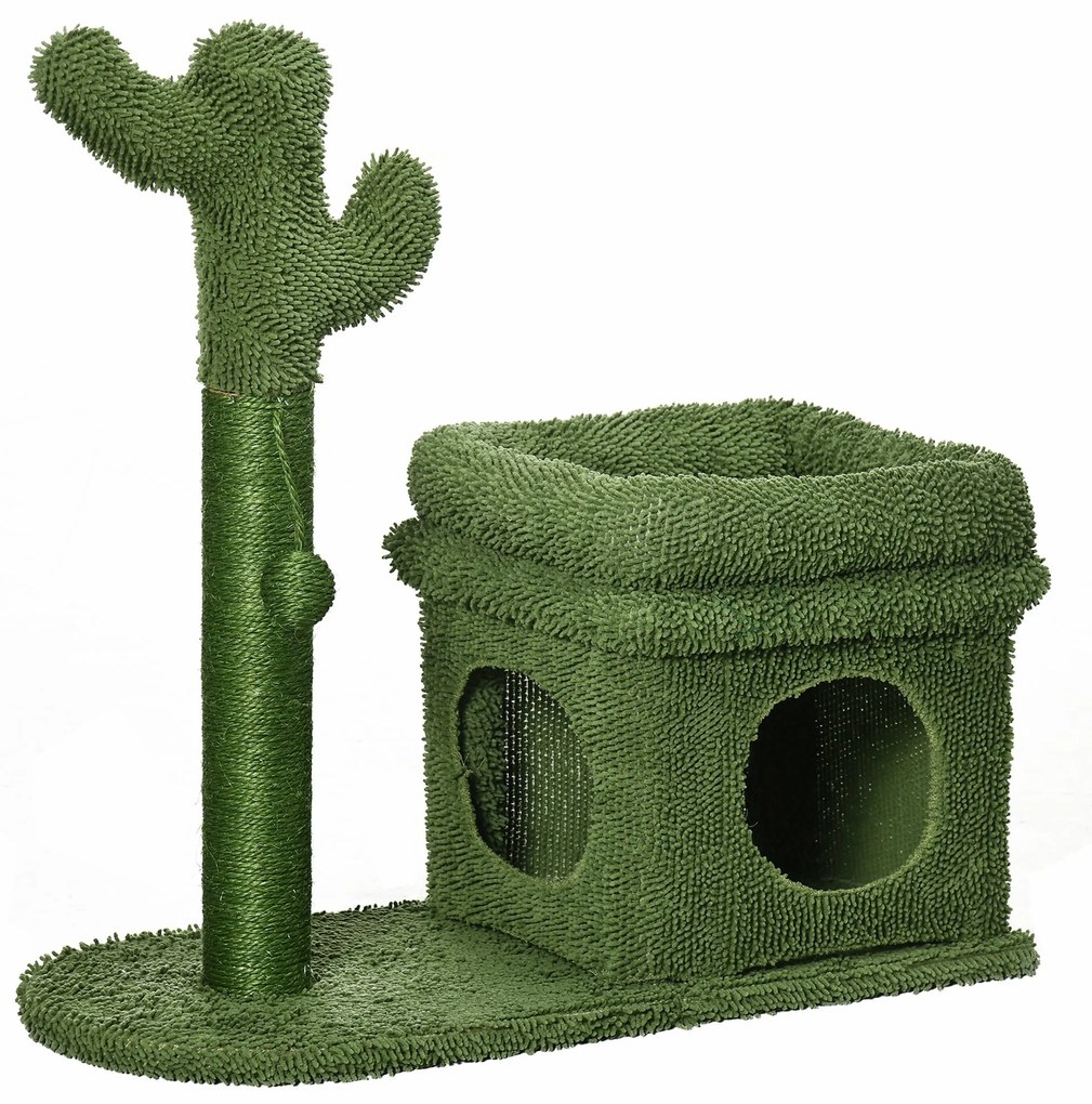 PawHut Arranhador Gato Cacto Cama Pelúcia Casa Poste Sisal Bola Suspensa 68x30x67cm Verde | Aosom Portugal