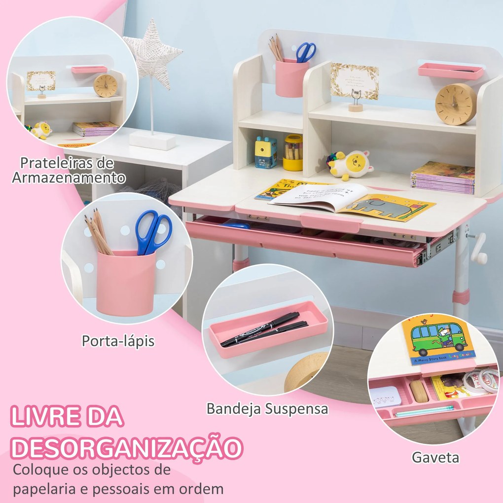 Conjunto de Secretária e Cadeira para Crianças acima de 3 Anos com Altura Ajustável Secretária Infantil com Bancada Inclinável Gaveta e Prateleira par