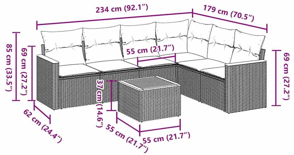 7 pcs conjunto de sofás p/ jardim c/ almofadões vime PE preto