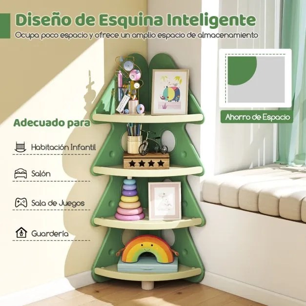 Estante de canto infantil 44 x 44 x 123,5 cm em forma de árvore de Natal de 4 níveis Verde