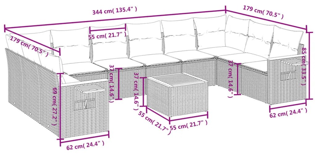 11 pcs conjunto sofás de jardim c/ almofadões vime PE preto