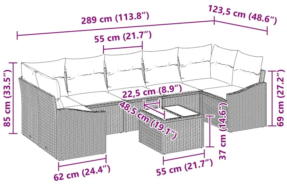 Conjunto de Sofás de Jardim de 8 Peças com Almofadas Cinza Claro Ratta