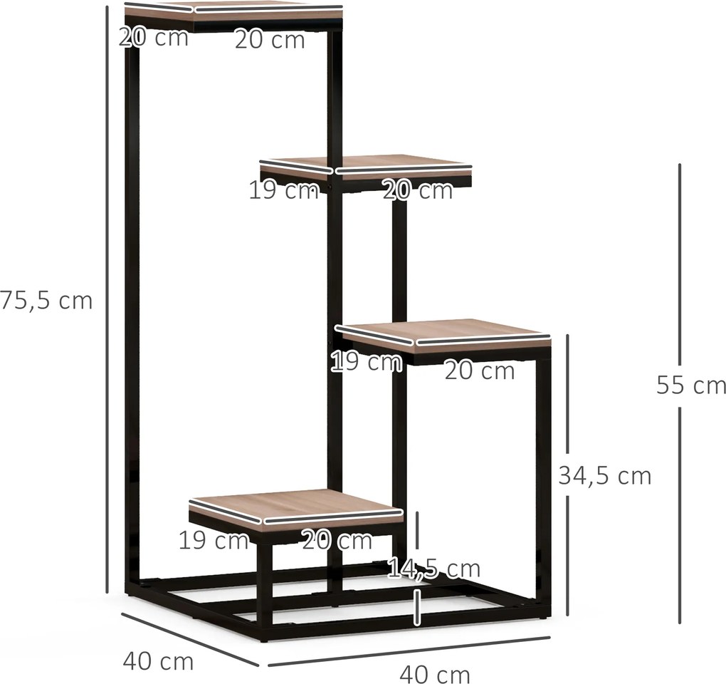 Estante para plantas e flores em metal e madeira 40 x 40 x 75,5 cm, com 4 níveis de alturas diferentes, estilo industrial preto e castanho