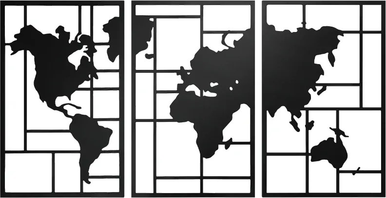 Decoração de Parede em Metal com Mapa Múndi Conjunto de 3 Peças Quadros de Parede Metálicos Preto