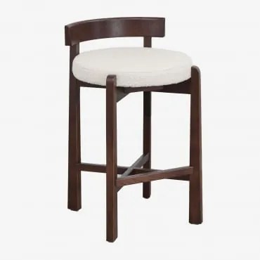 Banqueta Alta Em Madeira De Carvalho E Estofado Manila Madeira Escura & ↑65 Cm & Bouclé Branco - Sklum