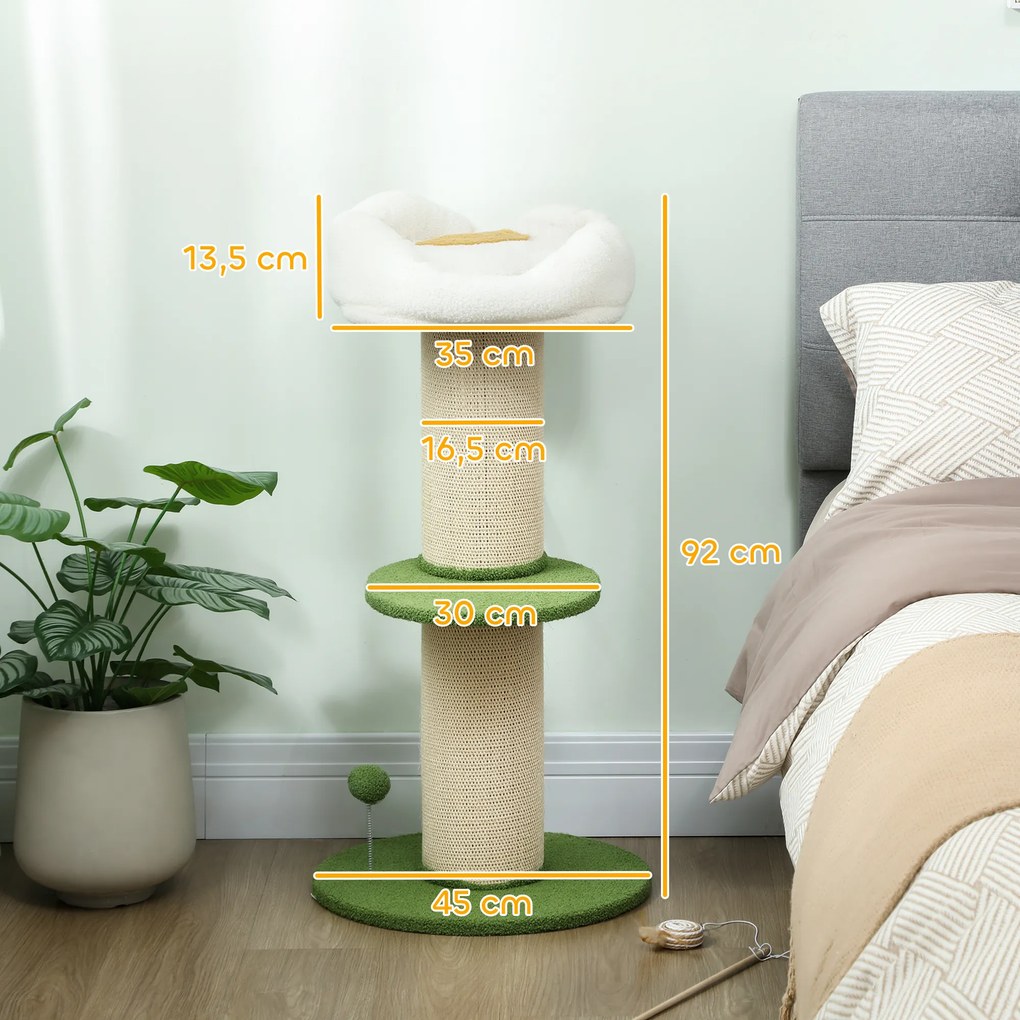 Arranhador para gatos  Ø 45 x 92 cm com flores, de 3 níveis, barril para arranhar, plataforma e poste com bola em sisal,, verde