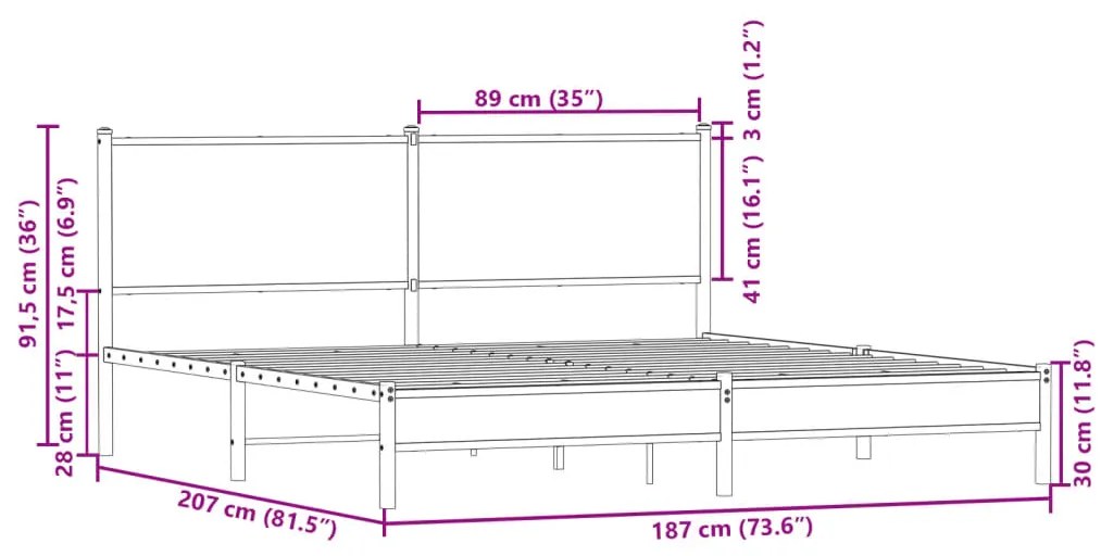 Estrutura de cama sem colchão 180x200cm metal carvalho fumado
