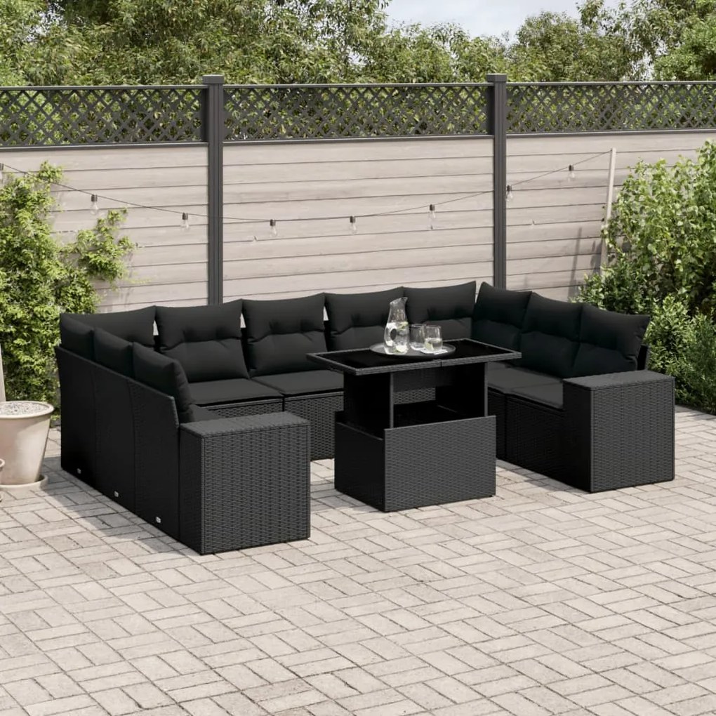10 pcs conjunto sofás de jardim c/ almofadões vime PE preto