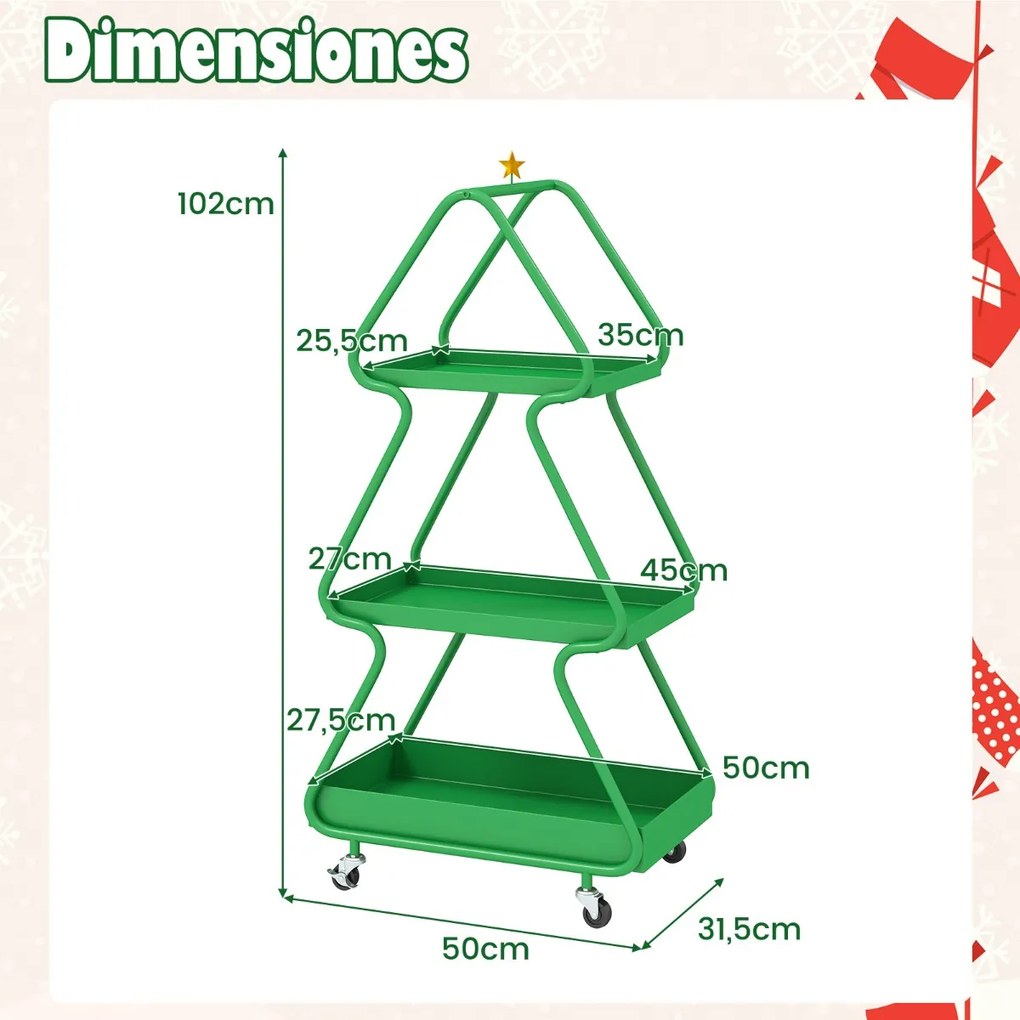 Carrinho de armazenamento em forma de árvore de Natal com 3 níveis, estrela, estrutura metálica e rodas verde