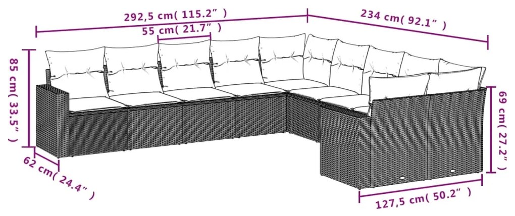 10 pcs conjunto sofás de jardim c/ almofadões vime PE preto