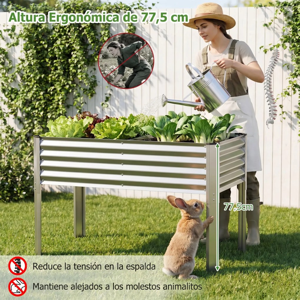 Floreira elevada de jardim 118 x 60 x 77,5 cm com Estrutura em metal galvanizado, pés elevados, sistema de drenagem e base alta para terraço ou pátio