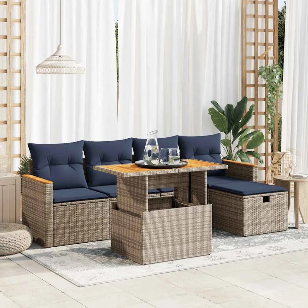 6 pcs conjunto sofás jardim com almofadões PE/acácia cinzento