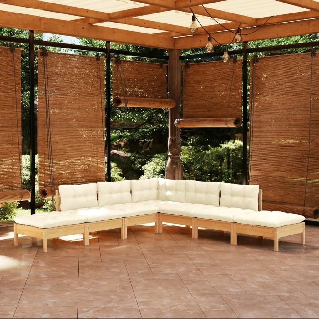 vidaXL 7 pcs conjunto lounge de jardim c/ almofadões cor creme pinho