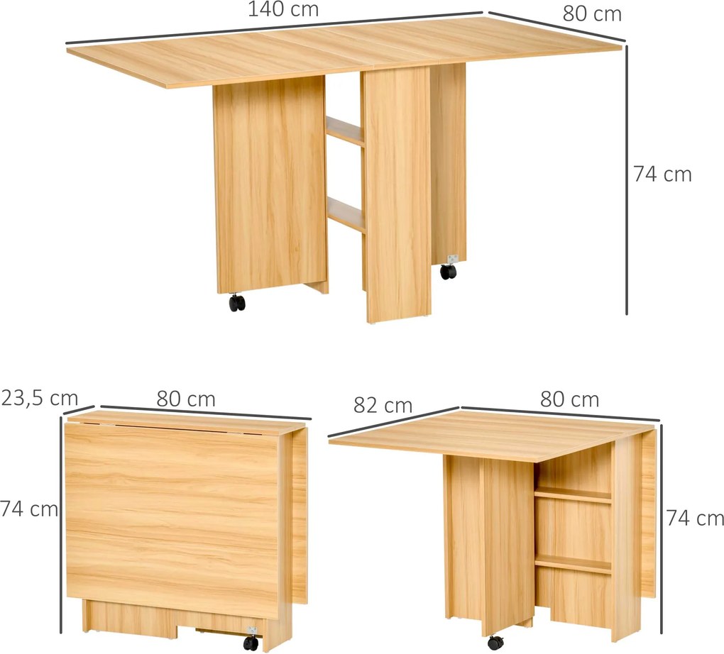 Mesa de Sala de Jantar Dobrável (CADEIRAS NÃO INCLUIDAS) com Rodas Mesa Multifuncional para Sala de Jantar com 3 Formas 140x80x74cm Madeira