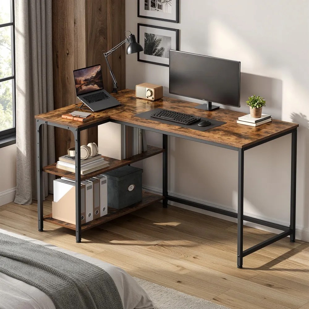 Secretária com espaço de arrumação em L, prateleira ajustável em altura 120 x 80 x 76 cm castanho