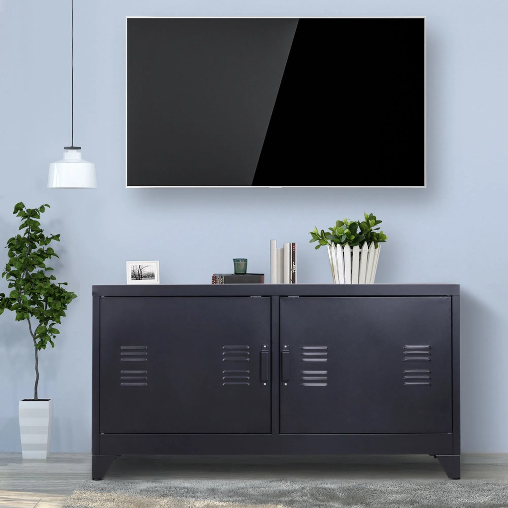 Móvel de televisão em Metal 119 (L) x 40 (P) x 63,5 (A) cm , design industrial, 2 armários com 2 prateleiras ajustáveis, passadores de cabos e estrutu