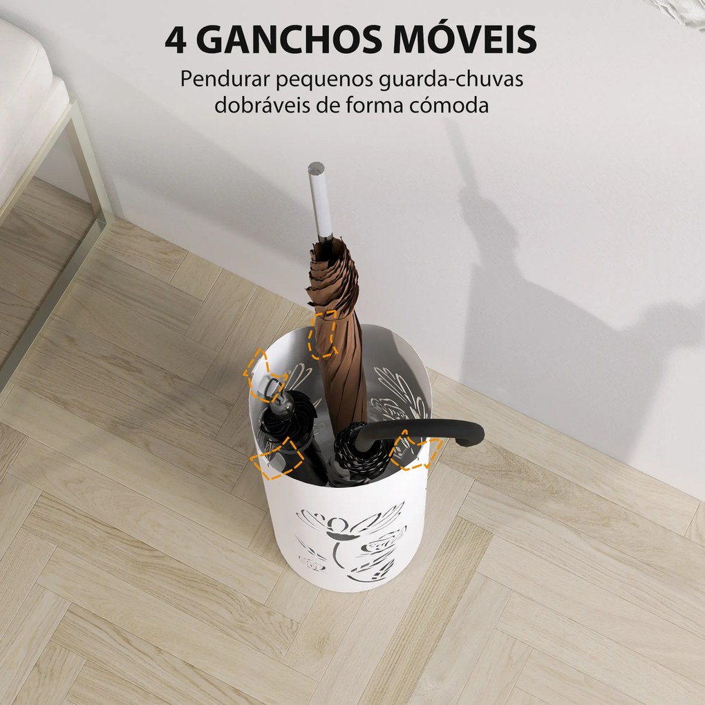 Suporte para Guarda Chuva em Aço com 4 Ganchos Bandeja de Gotejamento Amovível para Entrada 17x17x41 cm Branco