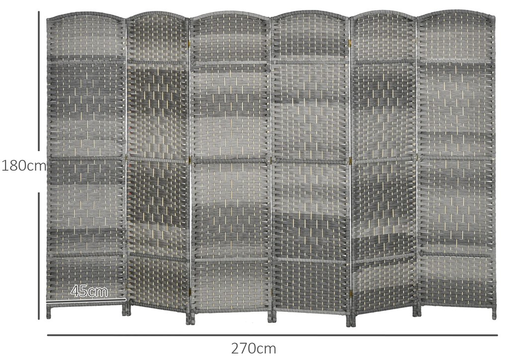 Biombo Dobrável de 6 Painéis Divisor de Ambientes 270x180 cm Ecrã de Privacidade de Polipropileno para Quarto Cinza Misto