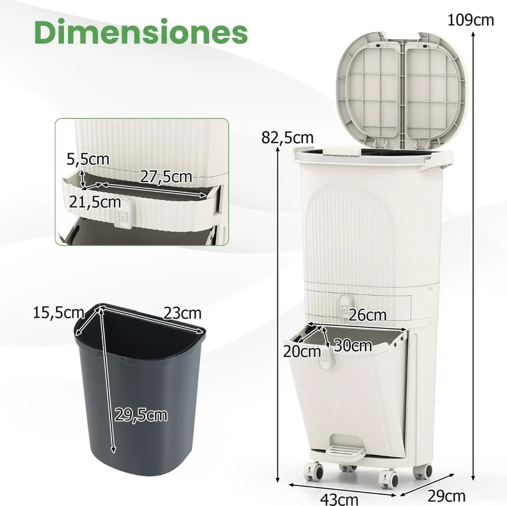 Caixote do lixo de 42 L com 2 caixotes removíveis, gaveta com pedal e rodas para sala, cozinha e casa de banho, bege