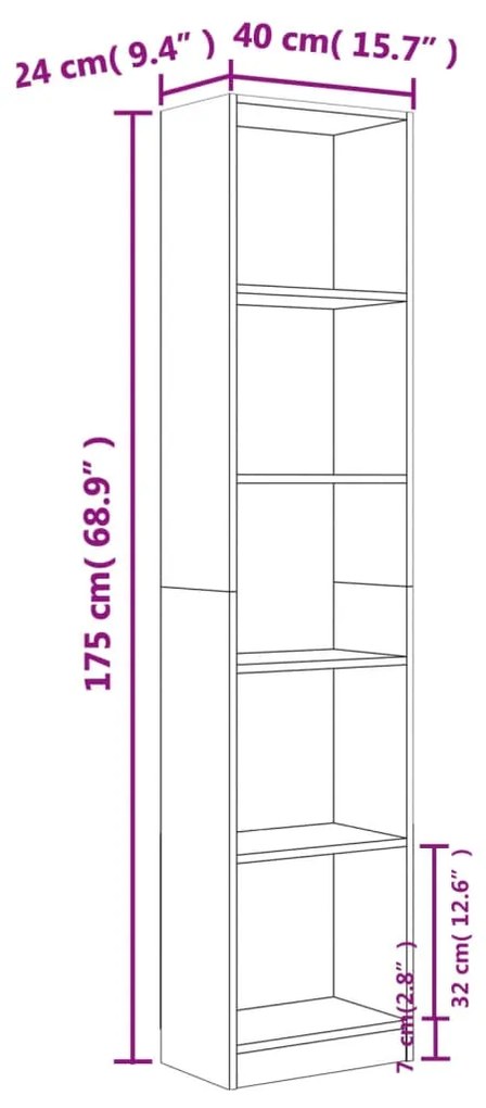 Estante 5 prat. 40x24x175cm derivados madeira carvalho castanho