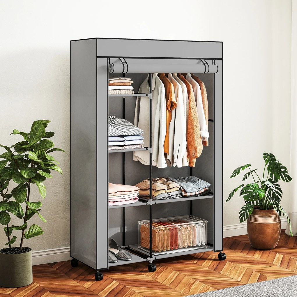 Guarda roupa em tecido, móvel de arrumação com 6 rodas, varão para roupa e prateleiras abertas, 103 x 43 x 162,5 cm, cinzento
