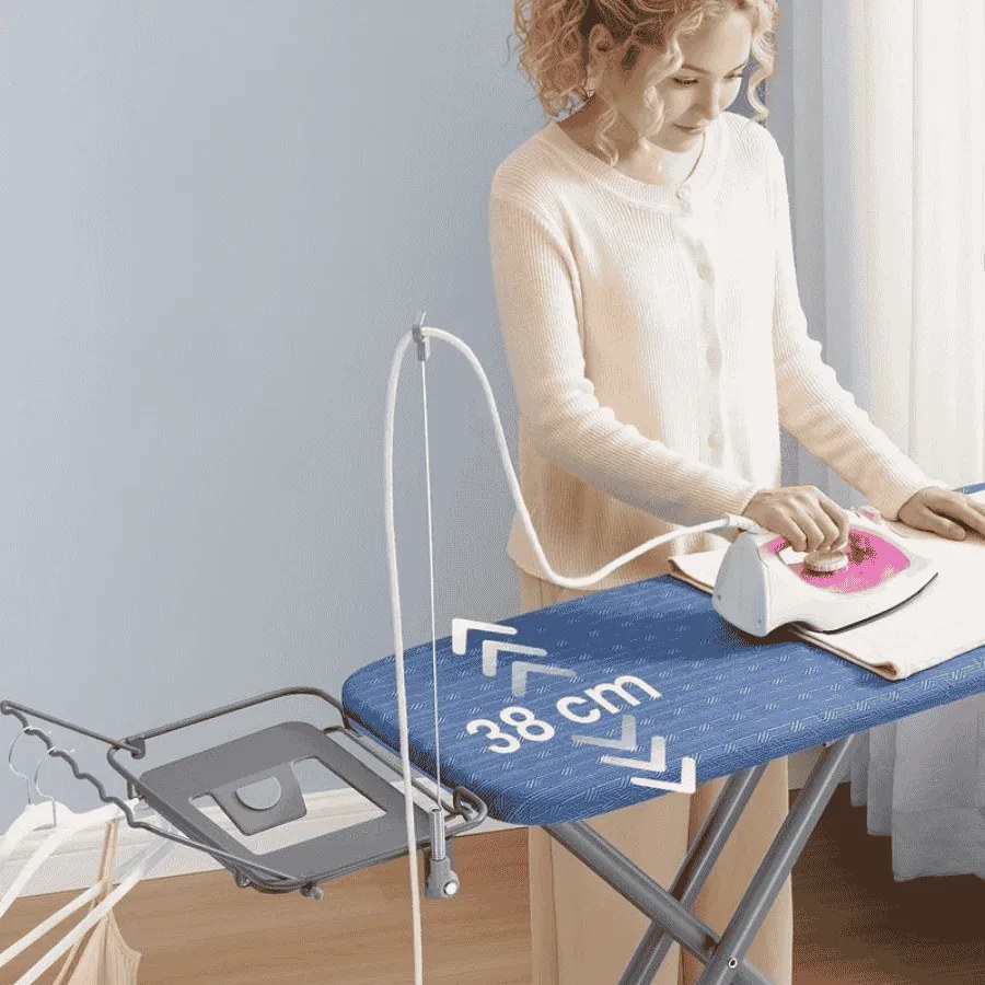 Tábua de engomar com suporte para cabos 146,8 x 42,3 x 66-90 cm azul-escuro e cinza-claro