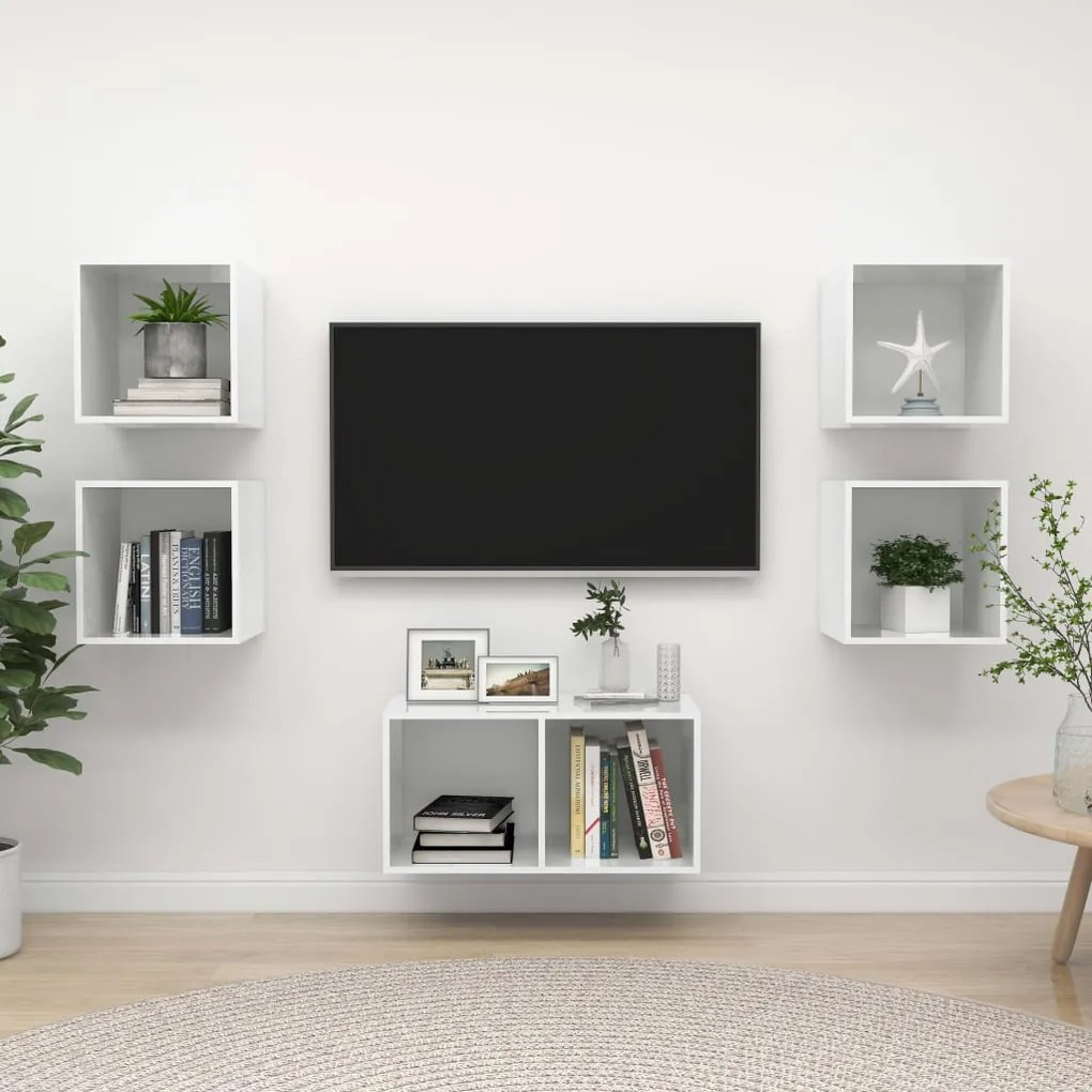 vidaXL 5 pcs conjunto de móveis de TV contraplacado branco brilhante